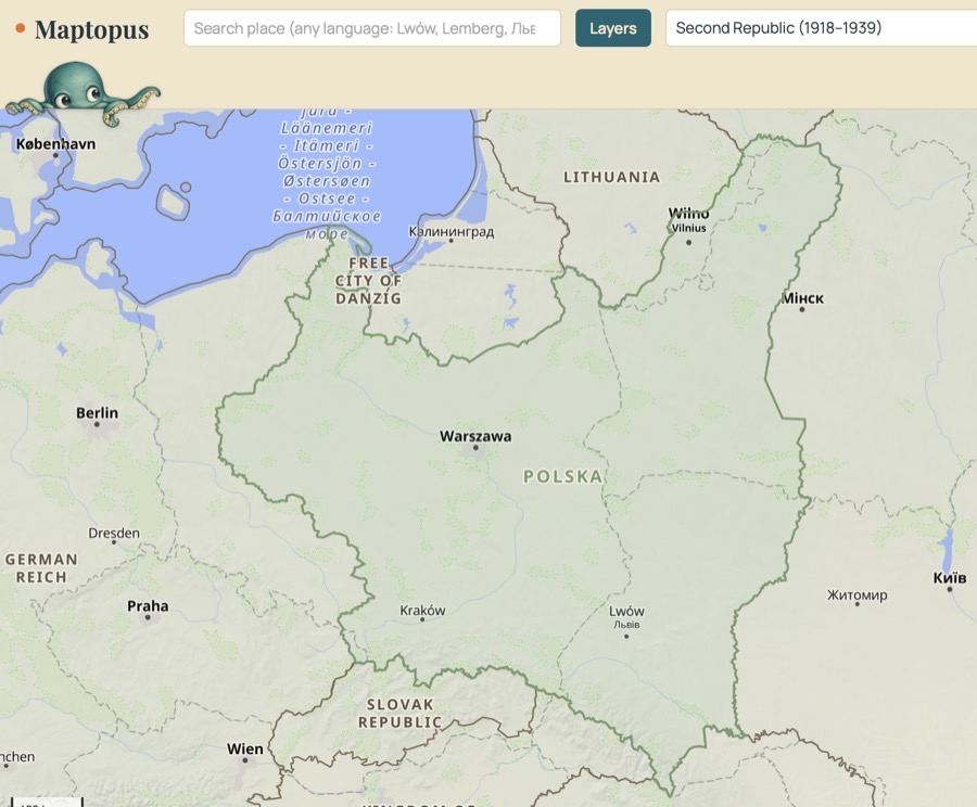 Maptopus showing Second Republic borders (1918–1939) around Wilno, with the octopus peeking over the toolbar